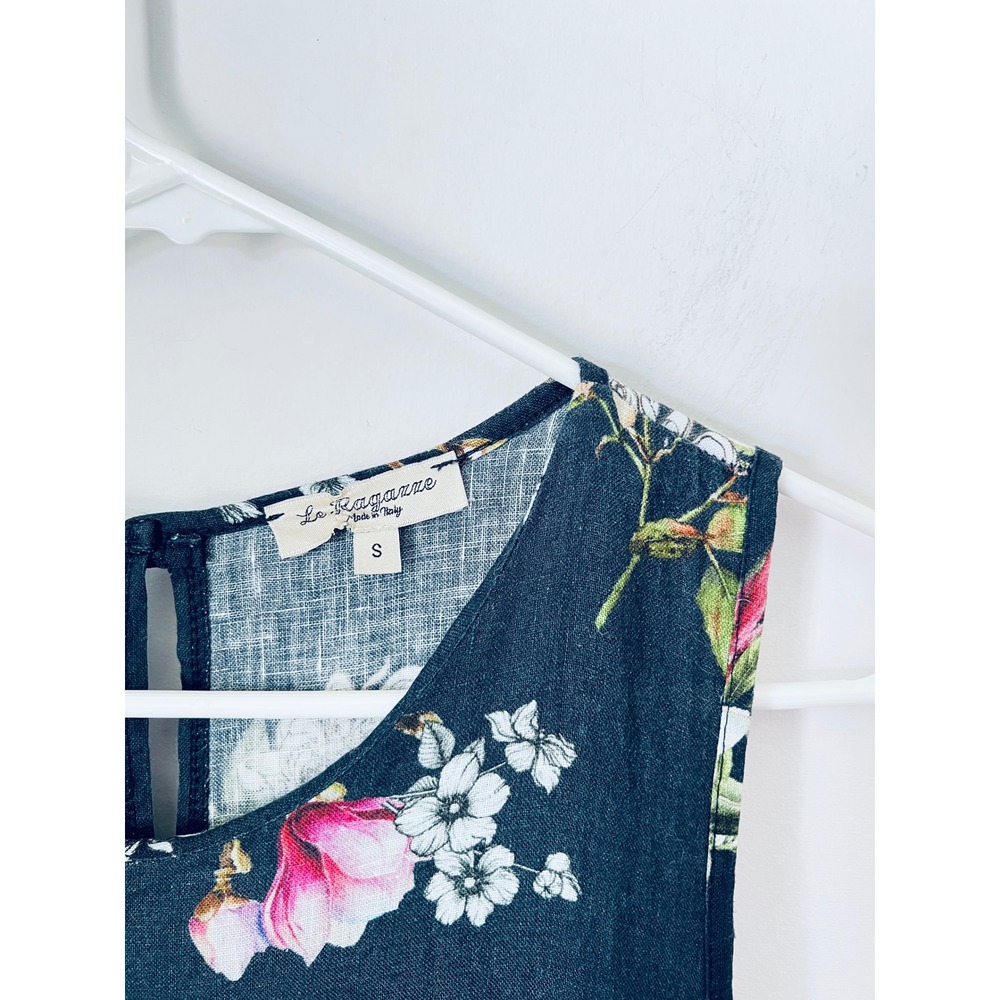 Linen Babydoll Dress Navy Floral Tiered Sleeveless Lagenlook Tunic Sundress - Picture 5 of 10